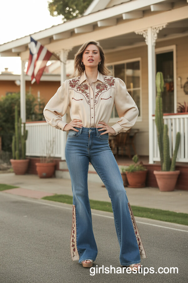 Flare Jeans and Embroidered Blouse with Platform Heels