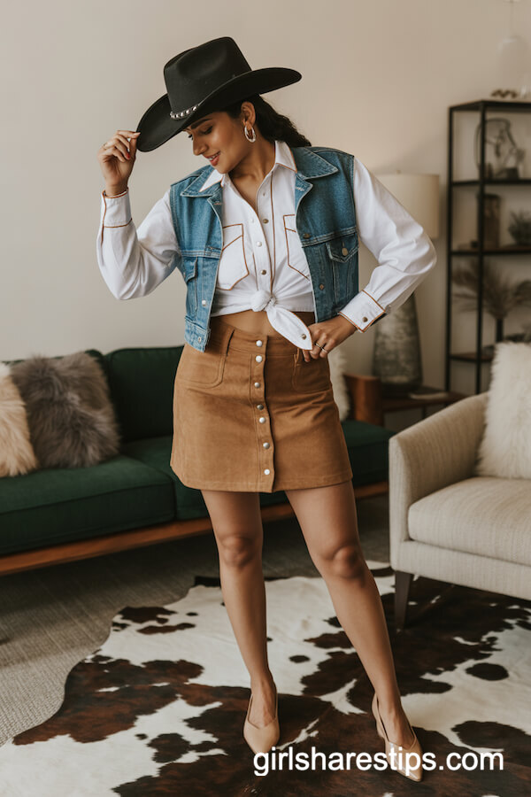 Mini Suede Skirt and Button-Down with Cowboy Hat