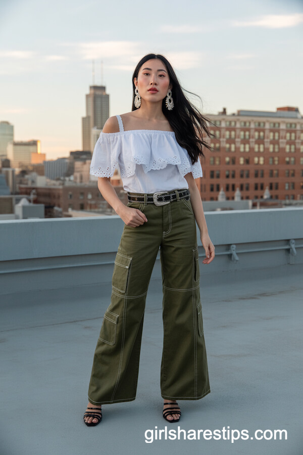 Ruffled Off-Shoulder Blouse and Cargo Pants with Strappy Sandals