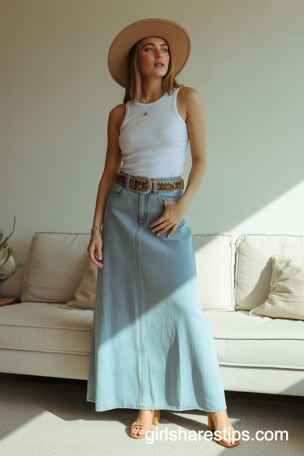 Tank Top and Maxi Denim Skirt with Cowgirl Hat