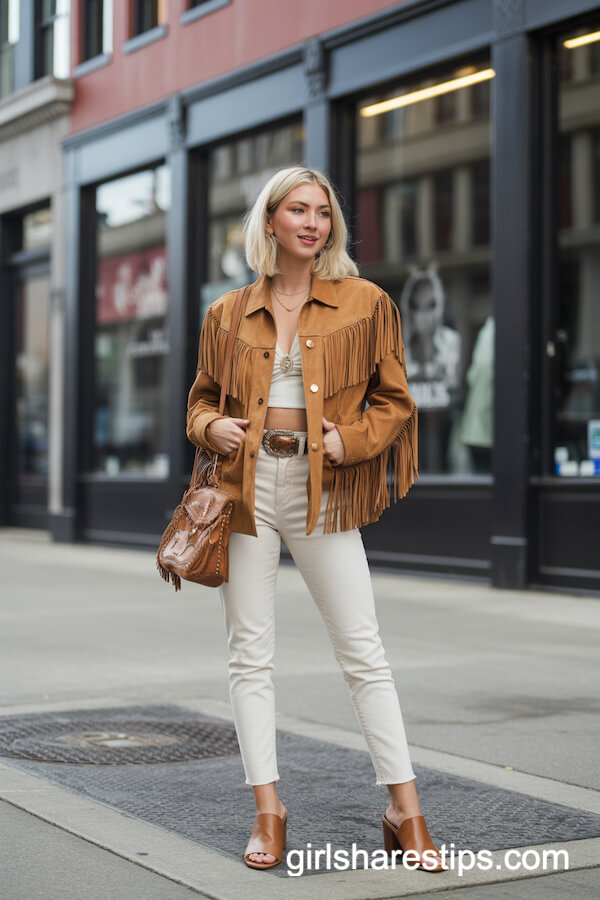 Suede Fringe Jacket and White Pants with Block-Heel Mules