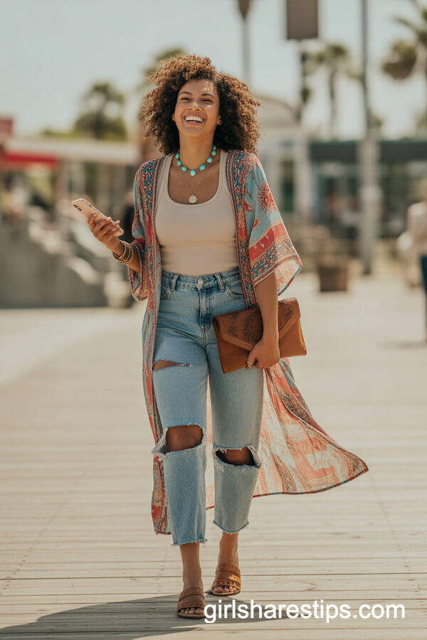 Kimono Duster and Ripped Jeans with Turquoise Jewelry