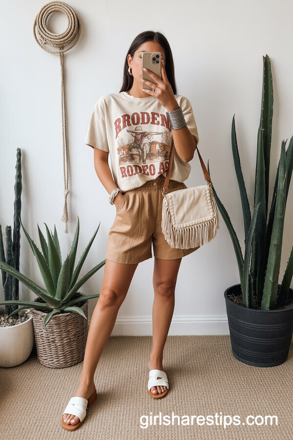 Vintage Western Tee and Linen Shorts with Slide Sandals
