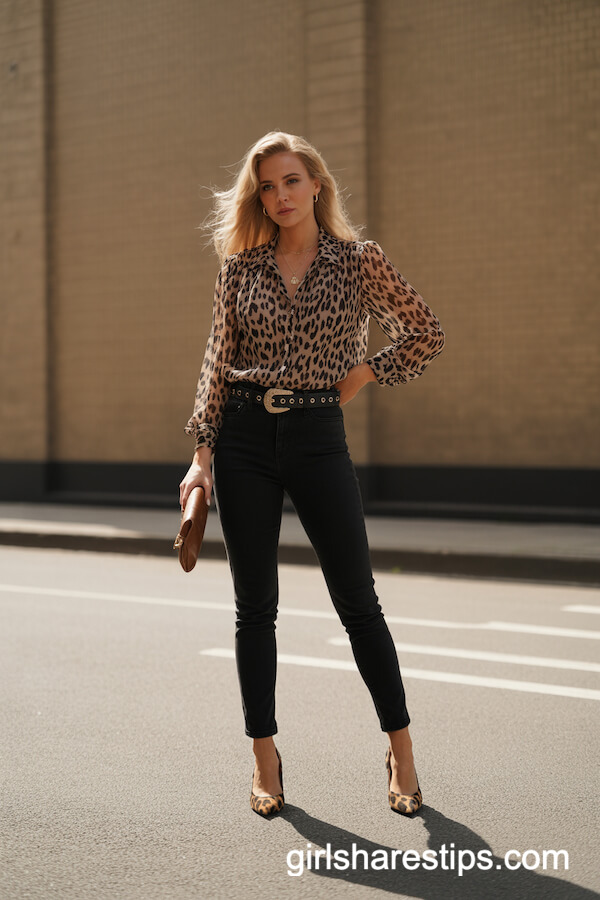 Leopard Print Blouse Black Pants with Western Belt