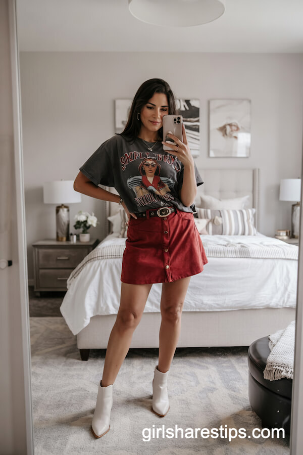Red Suede Skirt, Graphic Tee & Ankle Boots