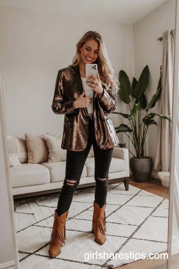 Sparkly Blazer & Western Fringe Boots Outfit