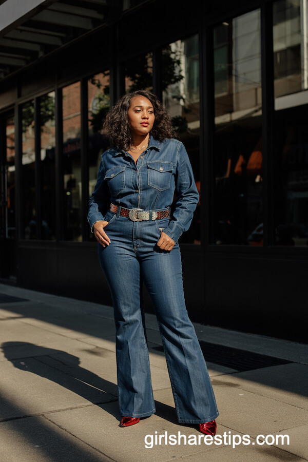 Denim Jumpsuit & Metallic Red Cowboy Boots