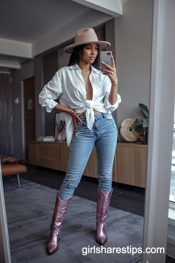 White Button-Up, Skinny Jeans & Pink Boots