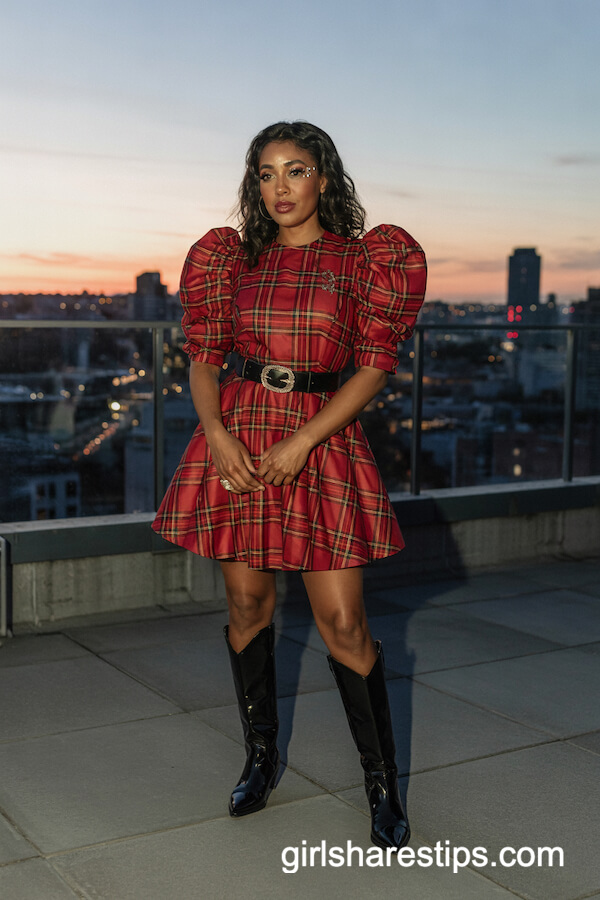 Plaid Puff Sleeve Dress & Black Cowboy Boots