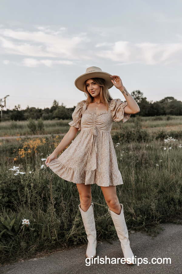 Floral Ruffle Dress with Straw Hat & White Boots