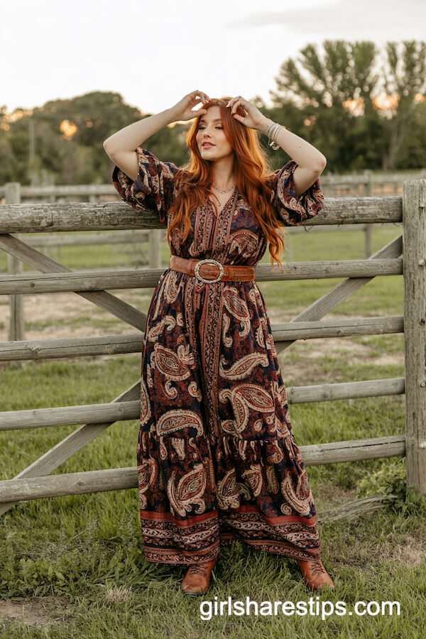 Paisley Maxi Dress with Belt & Western Boots