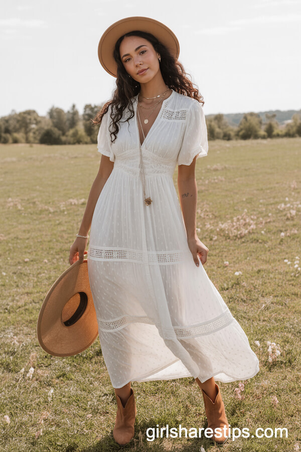 Boho White Maxi Dress with Lace Details