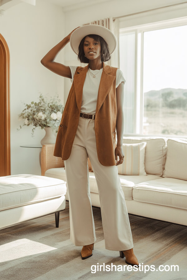 Suede Vest & Wide-Leg Trousers Style