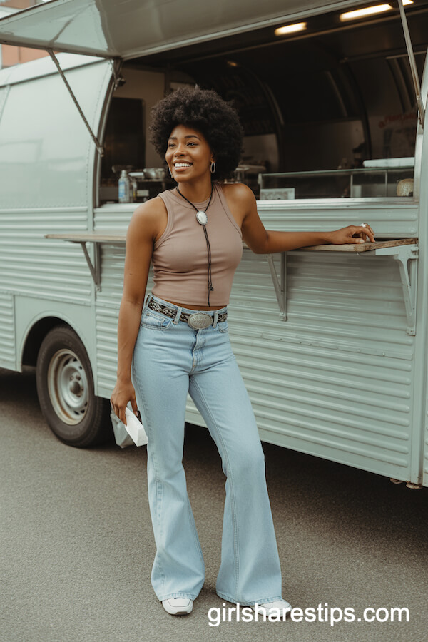 Ribbed Tank & Flared Jeans with Bolo Tie