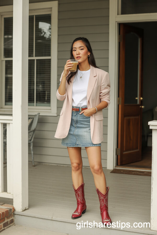 Pink Blazer & Denim Skirt Combination