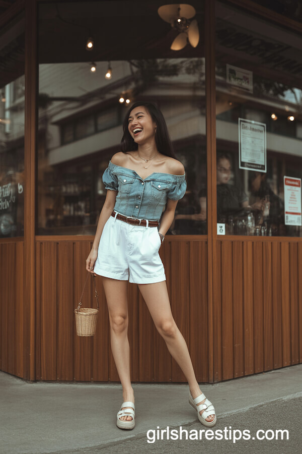 Off-Shoulder Denim Top & White Shorts