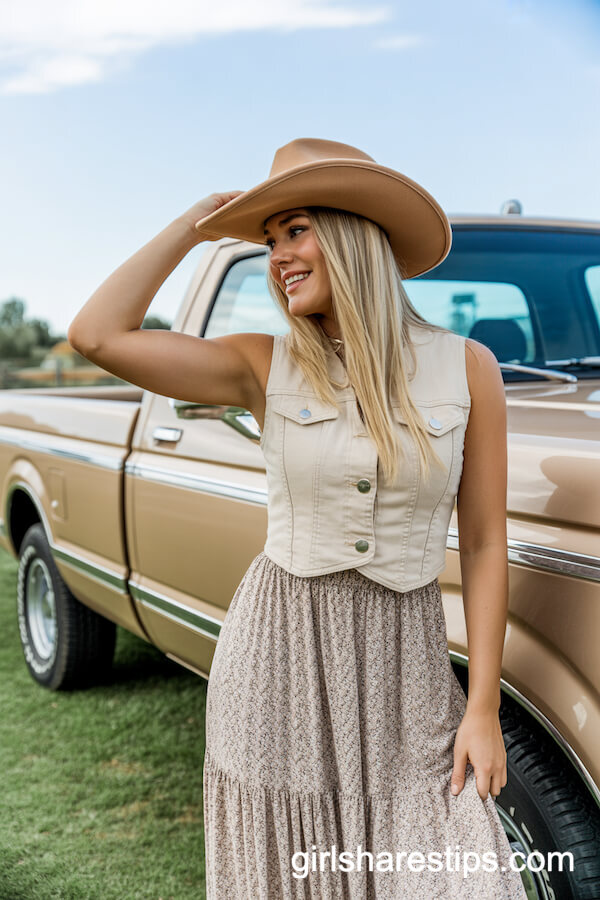Floral Maxi Skirt & Denim Vest Outfit