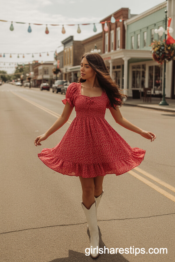 Red Floral Sundress & Cowgirl Boots