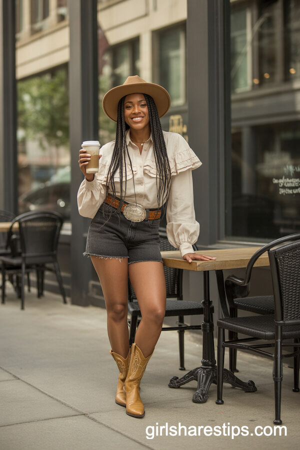 Ruffled Western Blouse & Denim Shorts