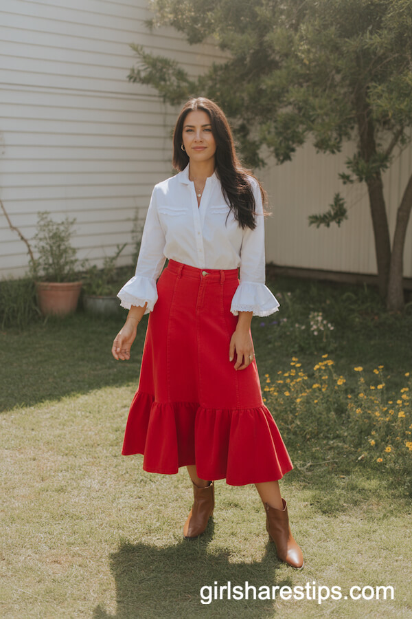 Bold Red Western Skirt & White Blouse