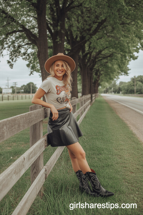 Retro Graphic Tee & Leather Skirt Look