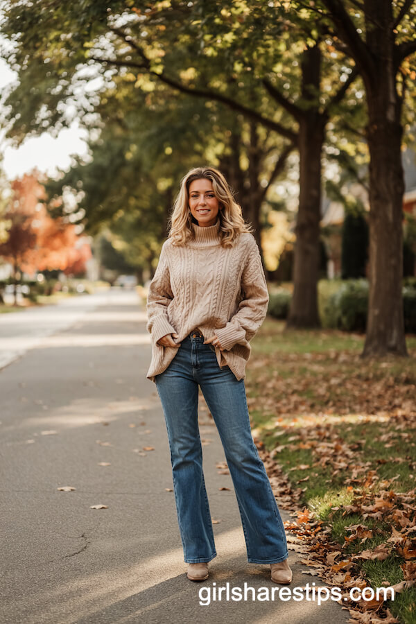 Beige Sweater and Flared Jeans Western Look