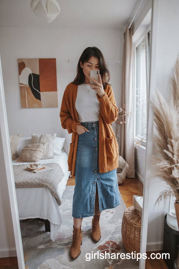 Mustard Cardigan and Denim Skirt Fall Outfit