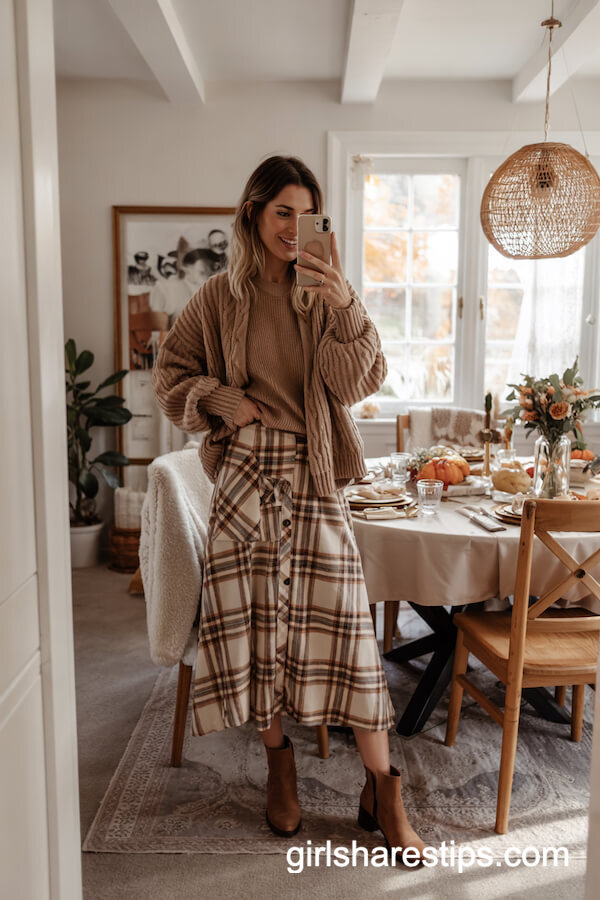 Chunky Cardigan with Plaid Skirt and Ankle Boots