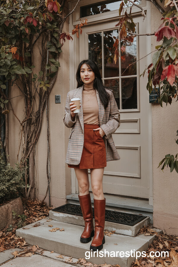 Rust Suede Mini Skirt and Checkered Blazer