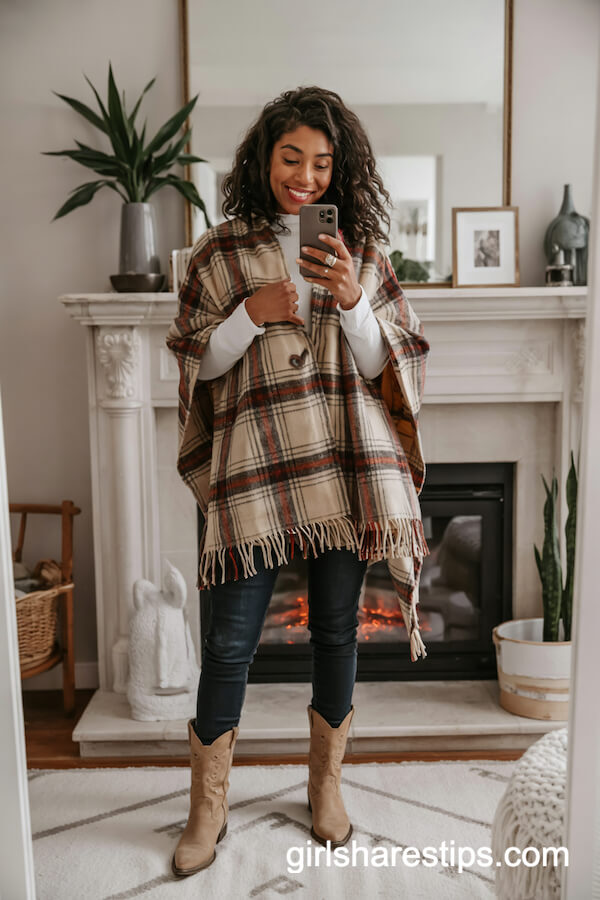 Plaid Poncho with Skinny Jeans and Cowboy Boots