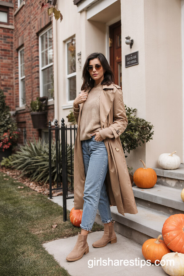 Camel Trench Coat Over Oatmeal Sweater and Cropped Jeans
