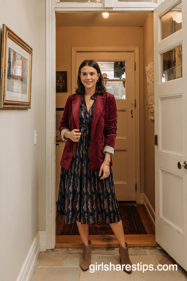 Burgundy Velvet Blazer and Printed Dress Ensemble