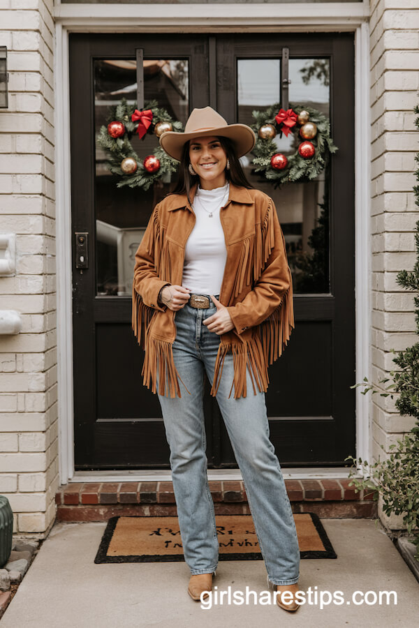 Tan Fringe Jacket with Mock-Neck Top and Straight Jeans