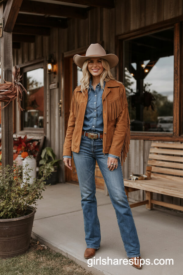 Suede Fringe Jacket and Chambray Shirt Western Outfit