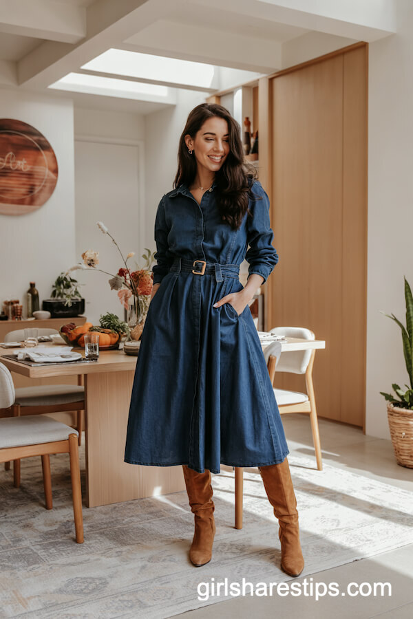 Denim Midi Dress with Suede Knee Boots