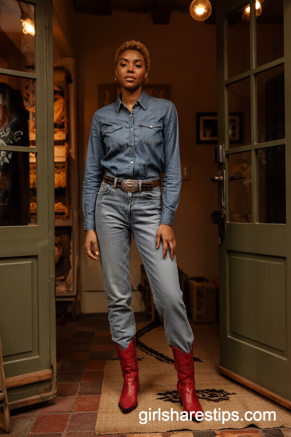 Light-Wash Denim Western Shirt with Red Cowboy Boots