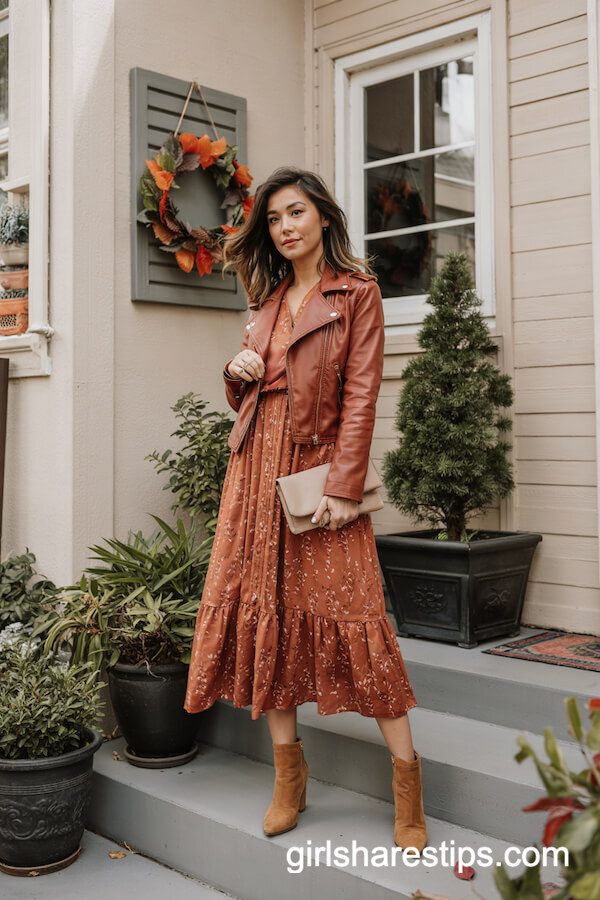 Leather Moto Jacket and Floral Midi Dress Outfit