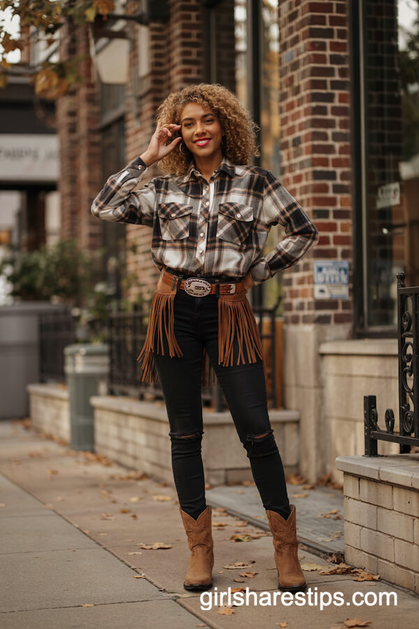 Plaid Western Shirt and Black Skinny Jeans Ensemble