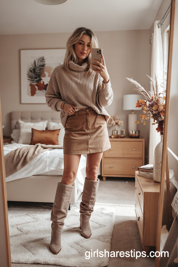 Corduroy Mini Skirt and Cream Sweater Fall Combo