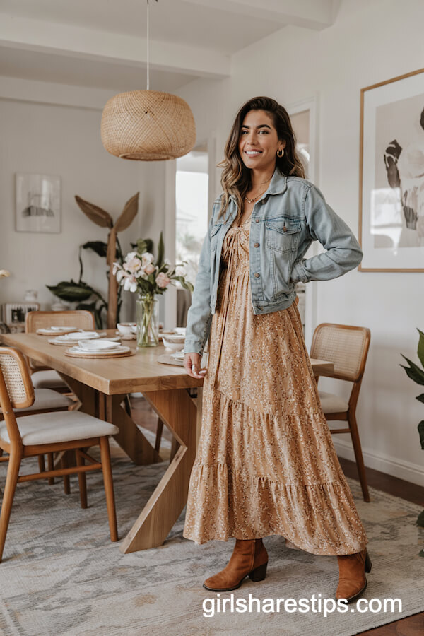 Boho Maxi Dress with Cropped Denim Jacket