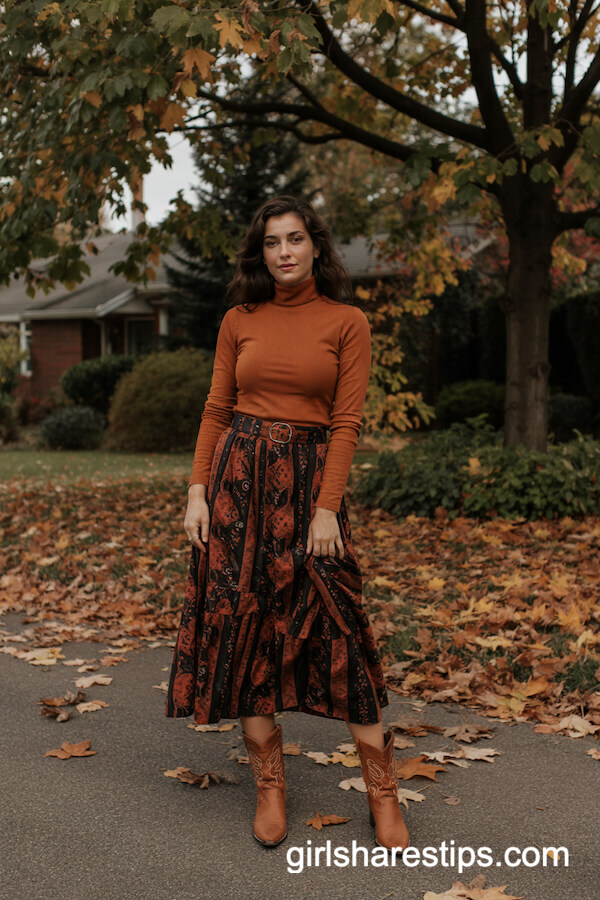 Burnt Orange Turtleneck and Patterned Midi Skirt