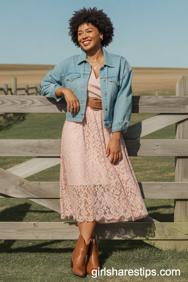 Denim Jacket & Blush Lace Midi Dress with Western Boots