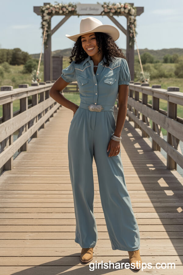 Dusty Blue Wide-Leg Jumpsuit with Cowboy Hat and Boots