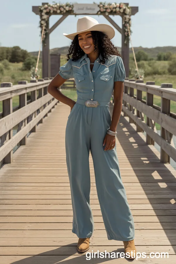 Dusty Blue Wide-Leg Jumpsuit with Cowboy Hat and Boots
