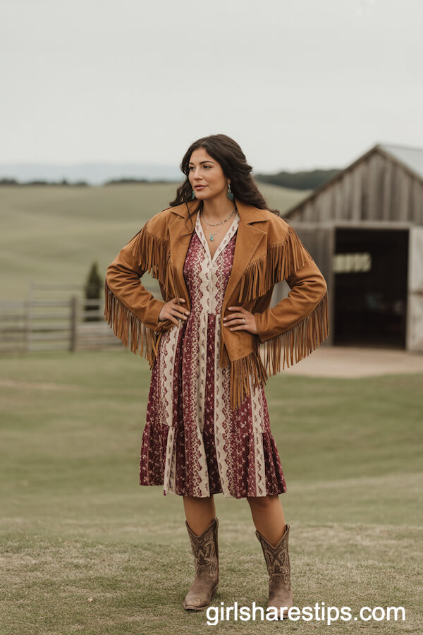 Burgundy Western-Print Midi Dress with Fringe Suede Jacket