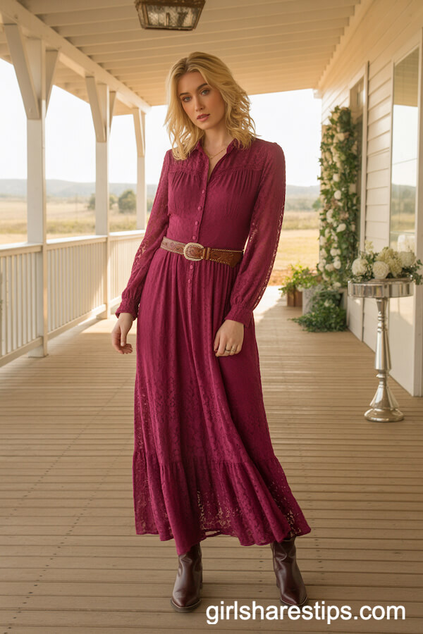 Berry-Hued Lace Maxi Dress and Leather Belt Boho Look
