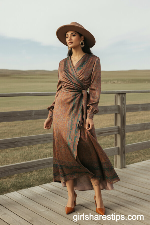 Paisley Silk Wrap Dress with Western Fedora Hat