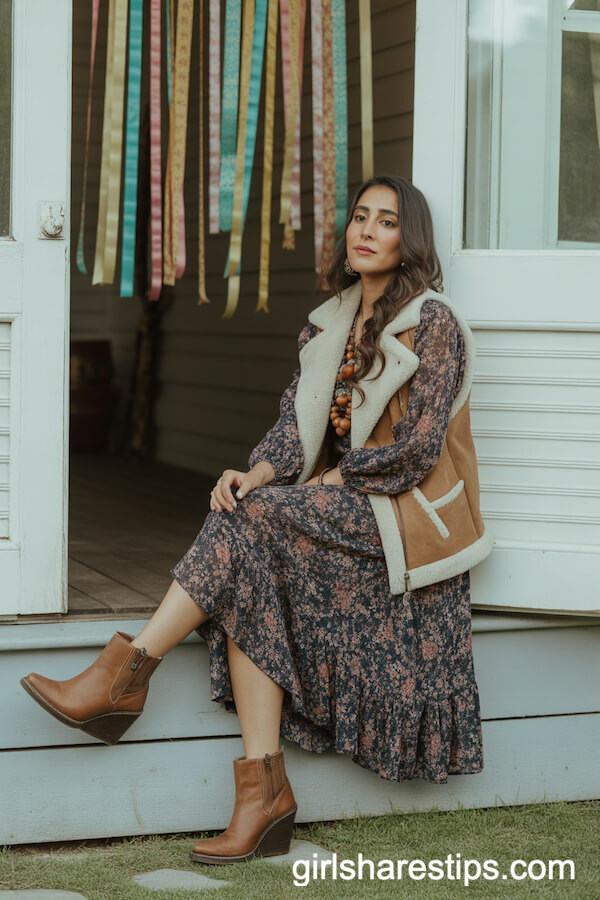 Floral Bohemian Midi Dress with Shearling Western Vest