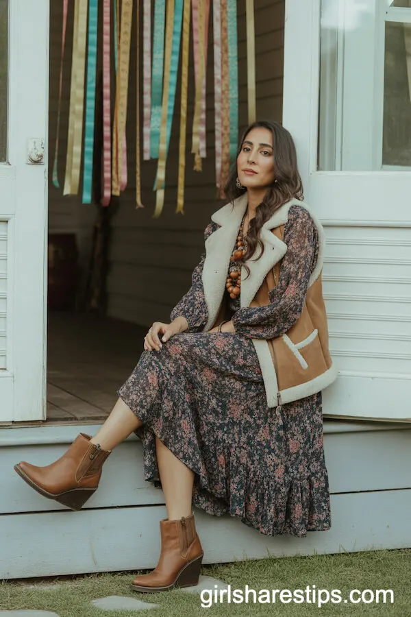 Floral Bohemian Midi Dress with Shearling Western Vest