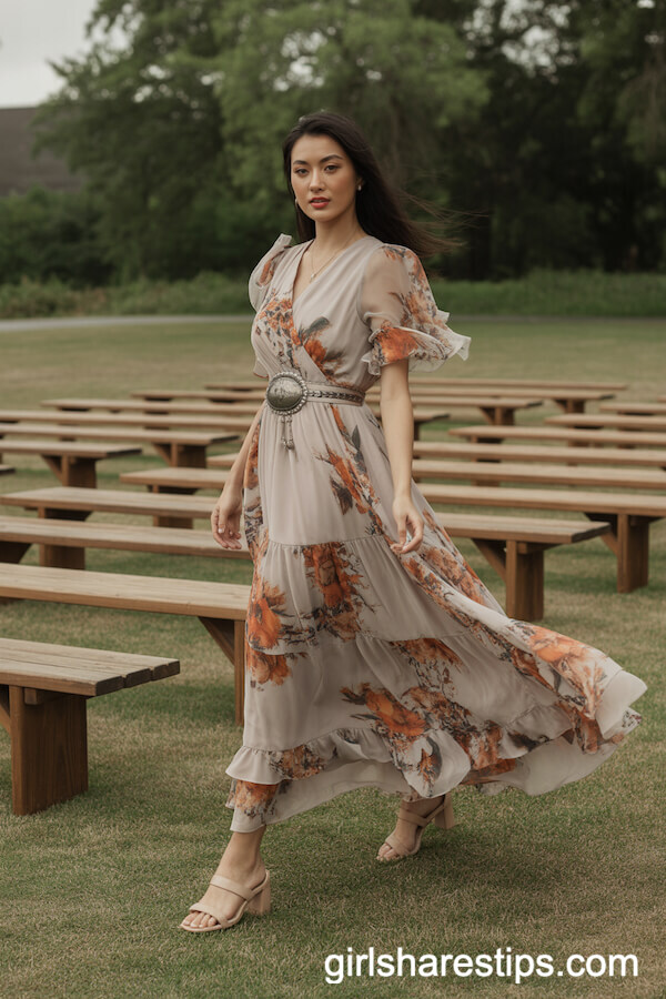 Prairie Floral Chiffon Gown with Statement Concho Belt